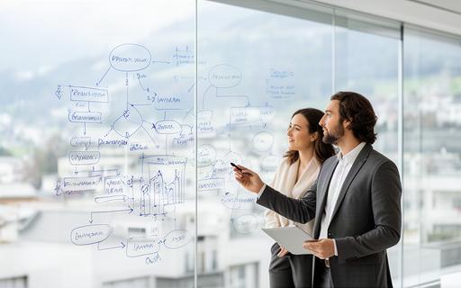 Berater im Gespräch mit einem Unternehmer in einem modernen Büro in Luzern, analysiert Prozessdiagramme an einer Glaswand